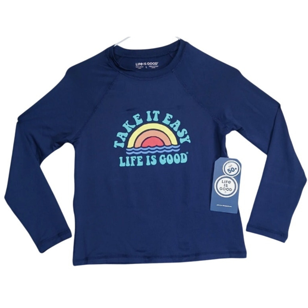 Life Is Good Sun Shirt Kids XL Blue Take It Easy‎ Long Sleeve Beach Waves UPF 50